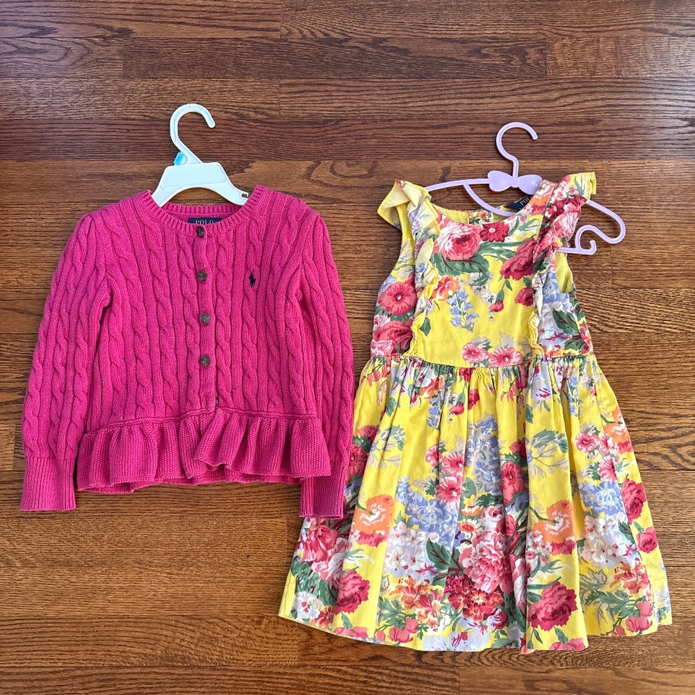 Polo Ralph Lauren Floral Girls Dress and matching cable knit sweater 4T Size